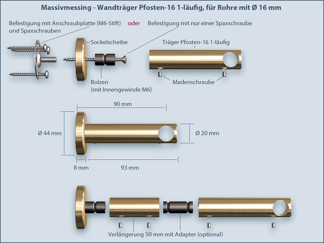 Brass curtain rod post 16 wall mounting system 1-track